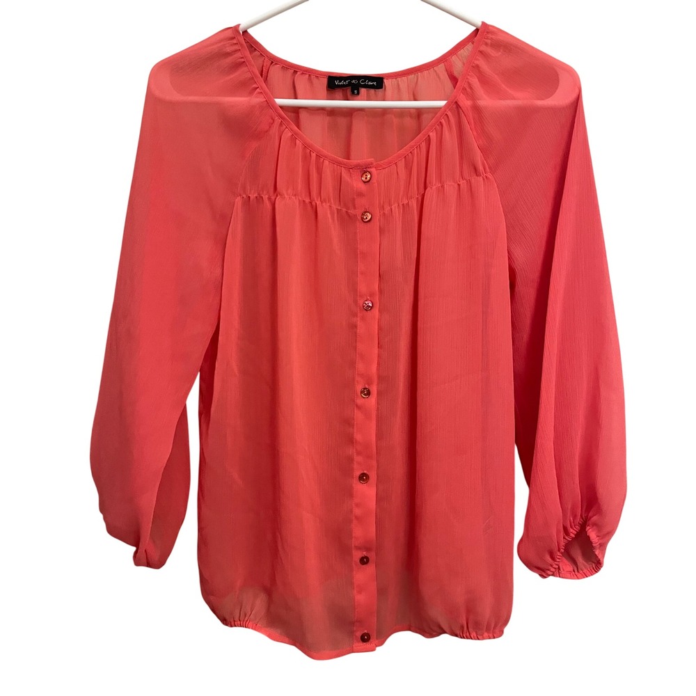 Violet and Claire Coral Pink Sheer Button Front Blouse Top Small